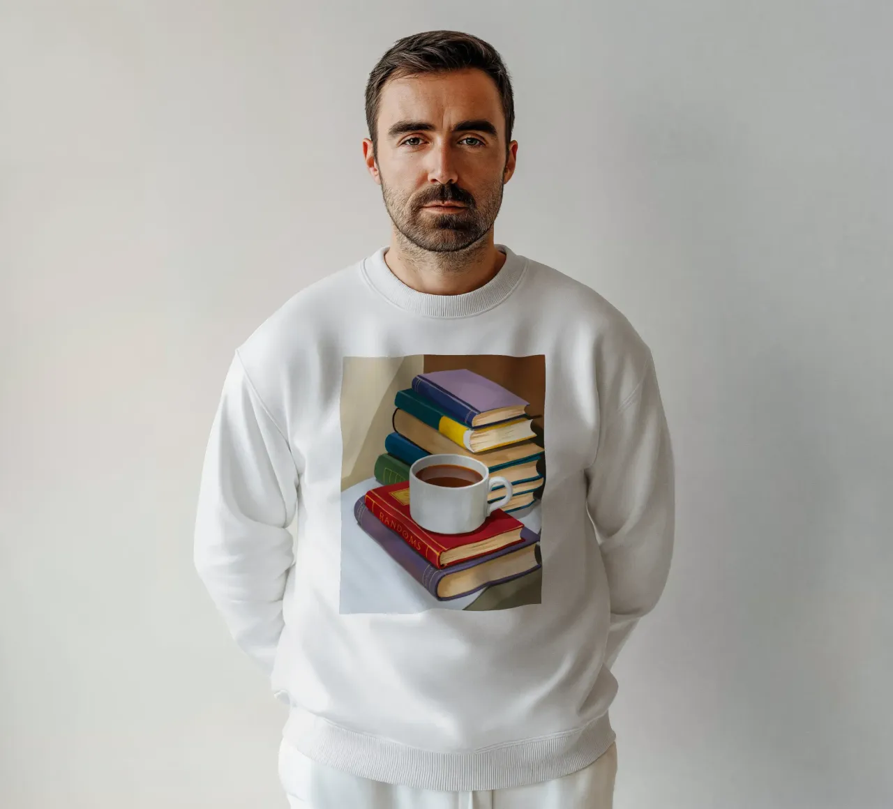 Coffee Book Stack sweatshirt by Pan Denim