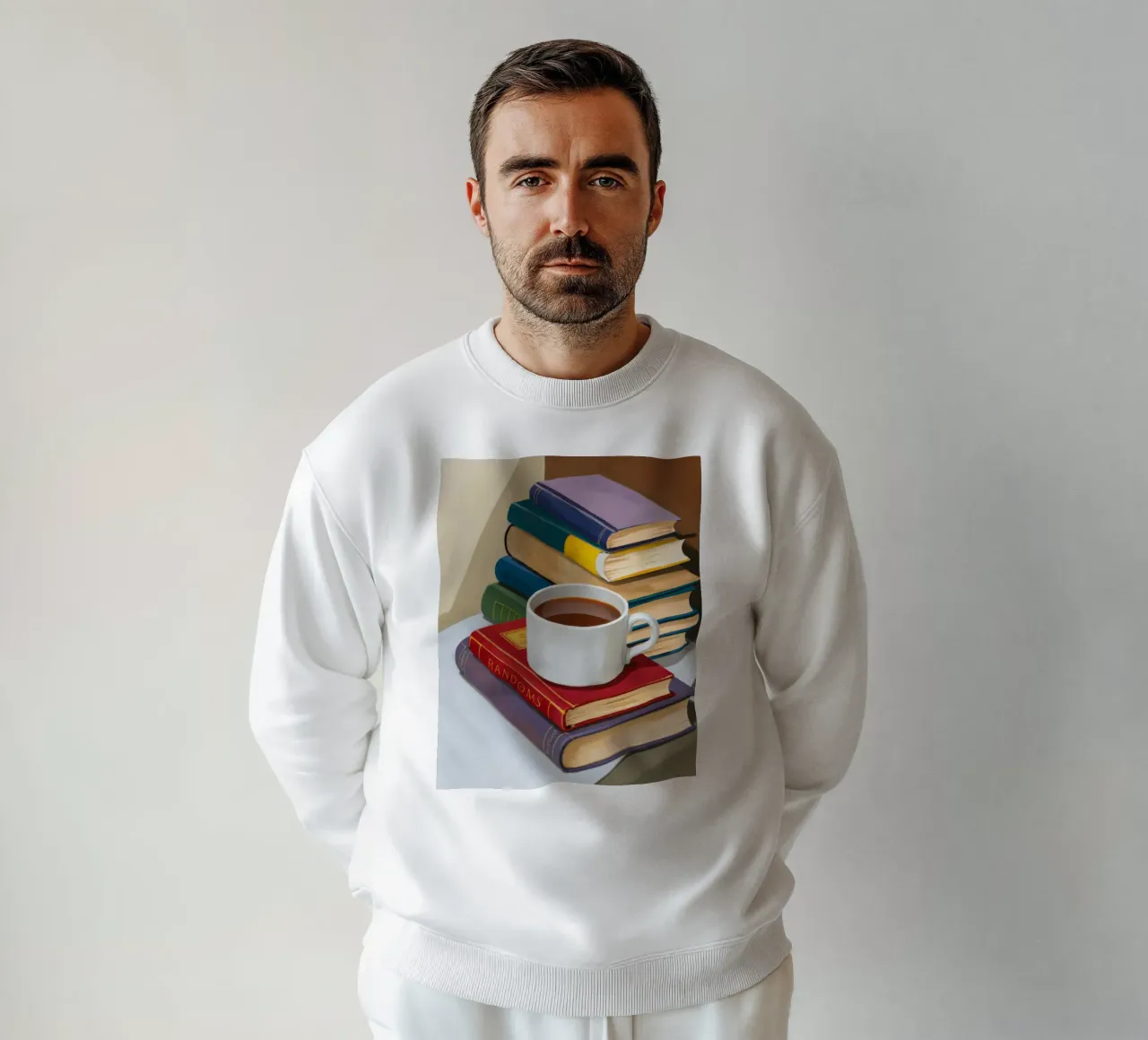Coffee Book Stack sweatshirt by Pan Denim