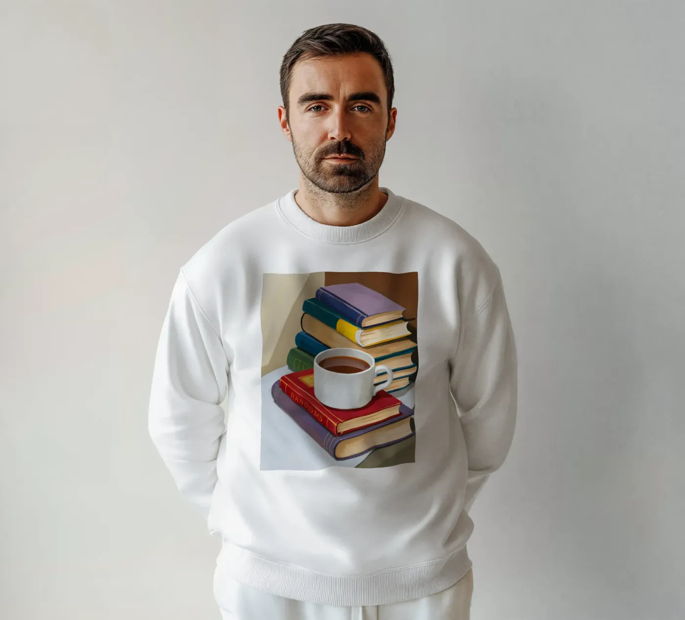 Coffee Book Stack sweatshirt by Pan Denim