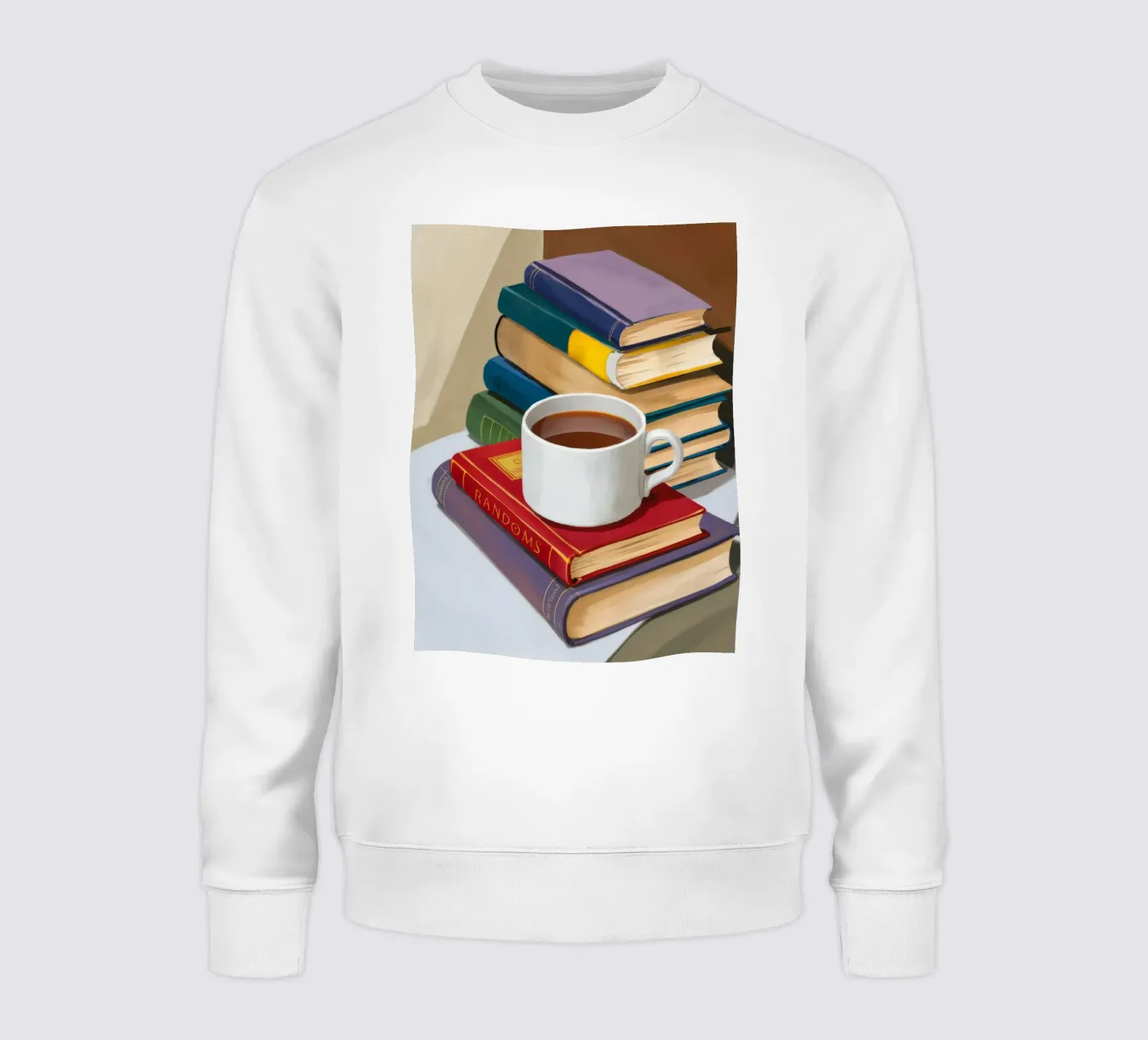 Coffee Book Stack sweatshirt by Pan Denim