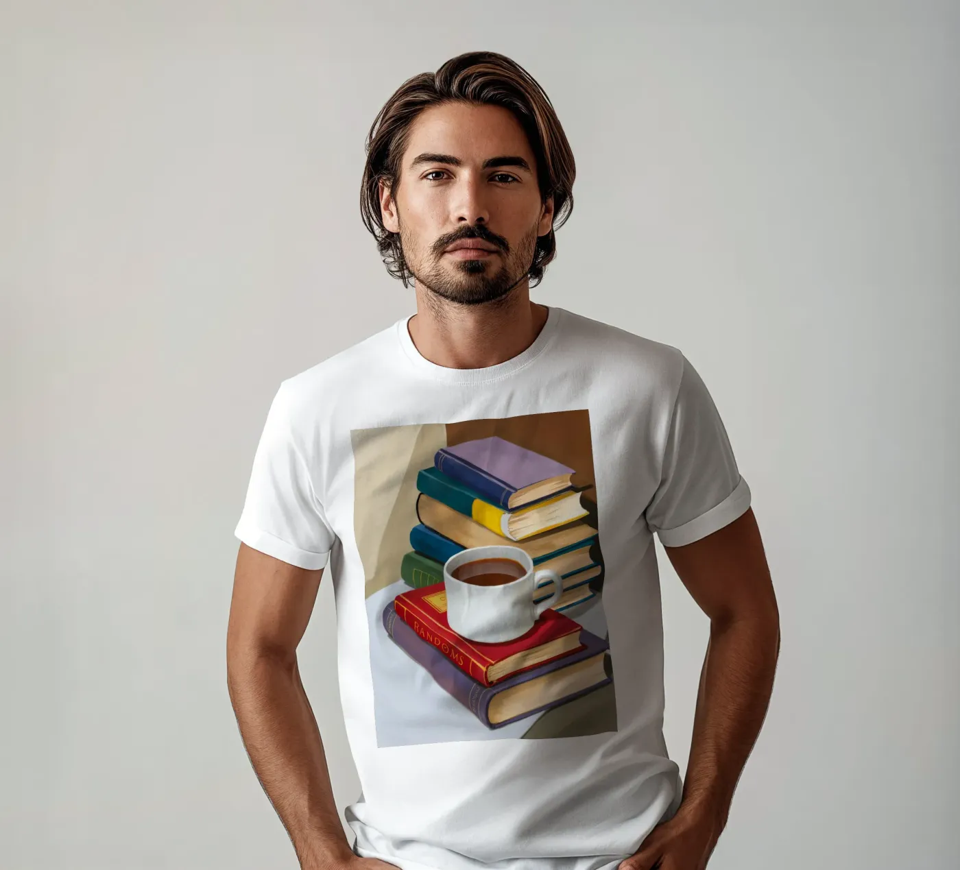 Coffee Book Stack t-shirt by Pan Denim