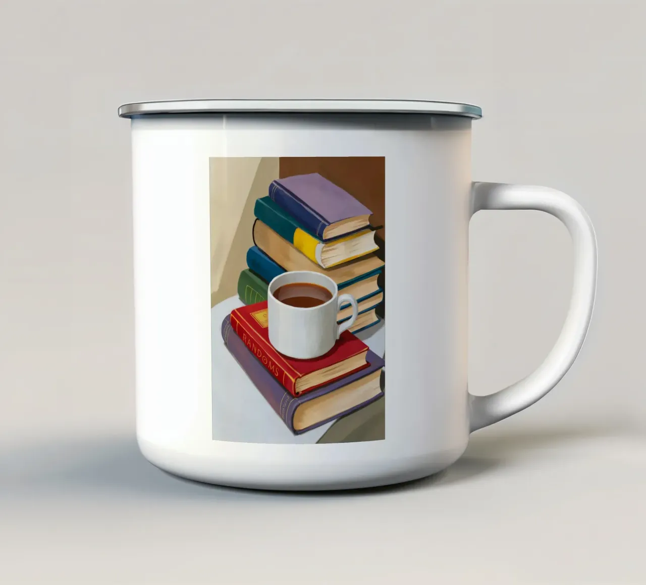 Pila di libri da caffè tazza in smalto da Pan Denim