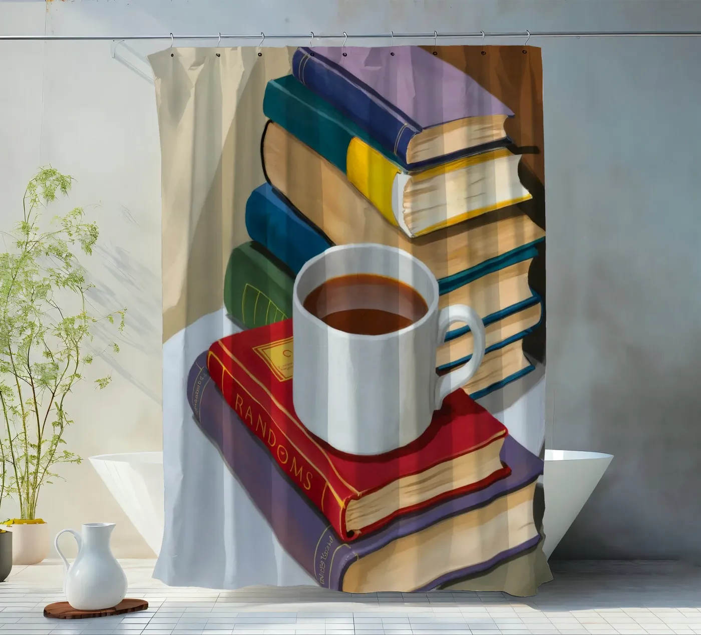 Kaffeebuch-Stapel Duschvorhang von Pan Denim
