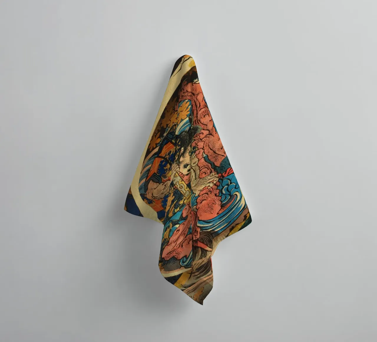 Samurai Fighting Demon - Japanese Ukiyo-e Woodblock Art towel by Masterpieces Of Japanese Art