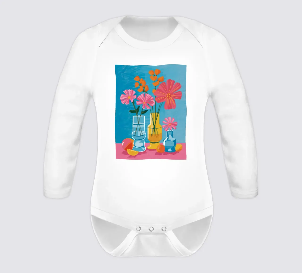 Azure Vase Bloom long-sleeve baby romper by Haven Fantasy