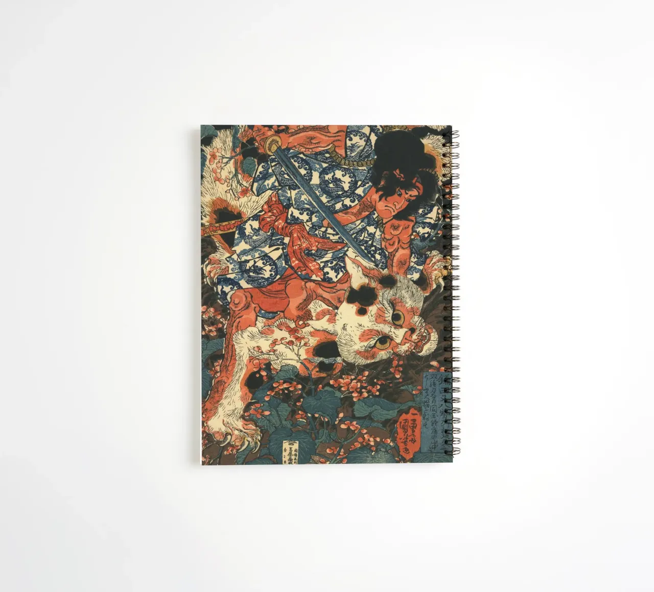 Samurai Fighting Giant Cat -Japanese Woodcut Ukiyo-e spiral notebook by Masterpieces Of Japanese Art