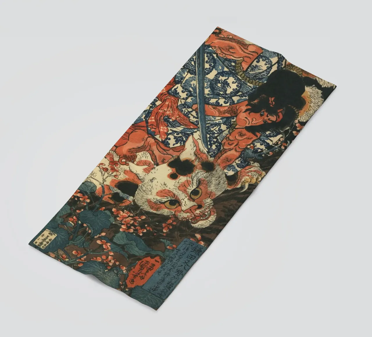 Samurai Fighting Giant Cat -Japanese Woodcut Ukiyo-e beach towel by Masterpieces Of Japanese Art