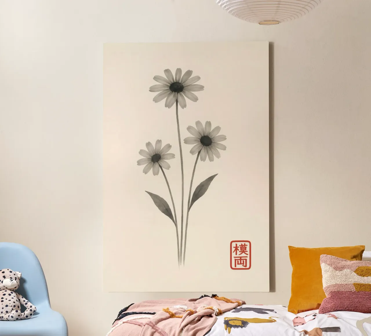 Tres flores en estilo Sumi-e japonés lienzo con Marco flotante de Moqro Home Decoration