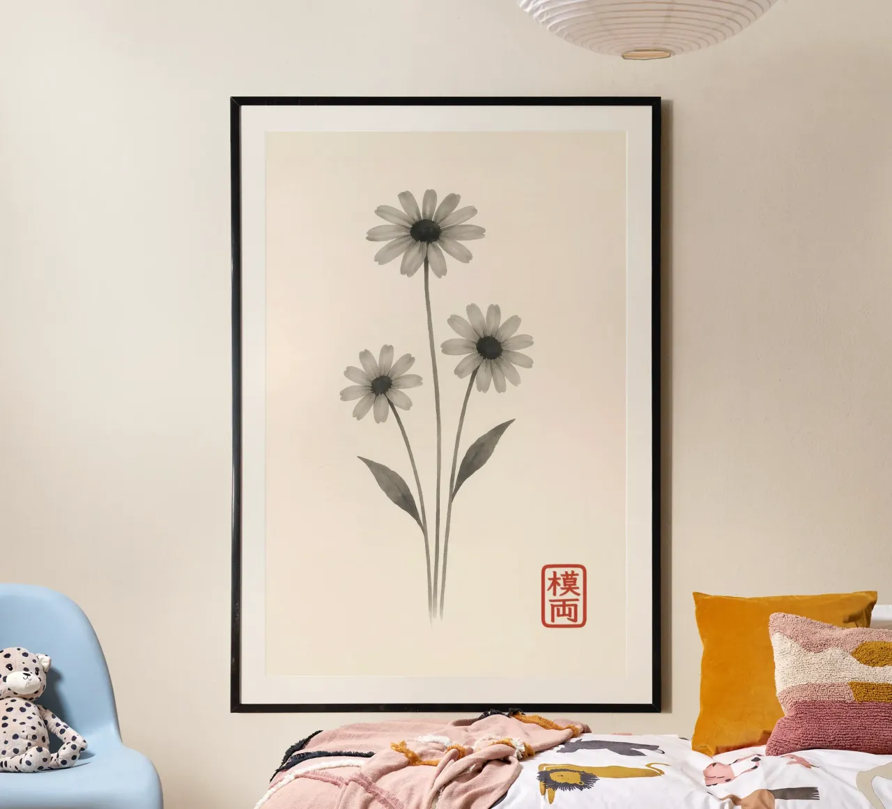 Trois fleurs dans le style japonais sumi-e poster avec cadre en plastique de Moqro Home Decoration