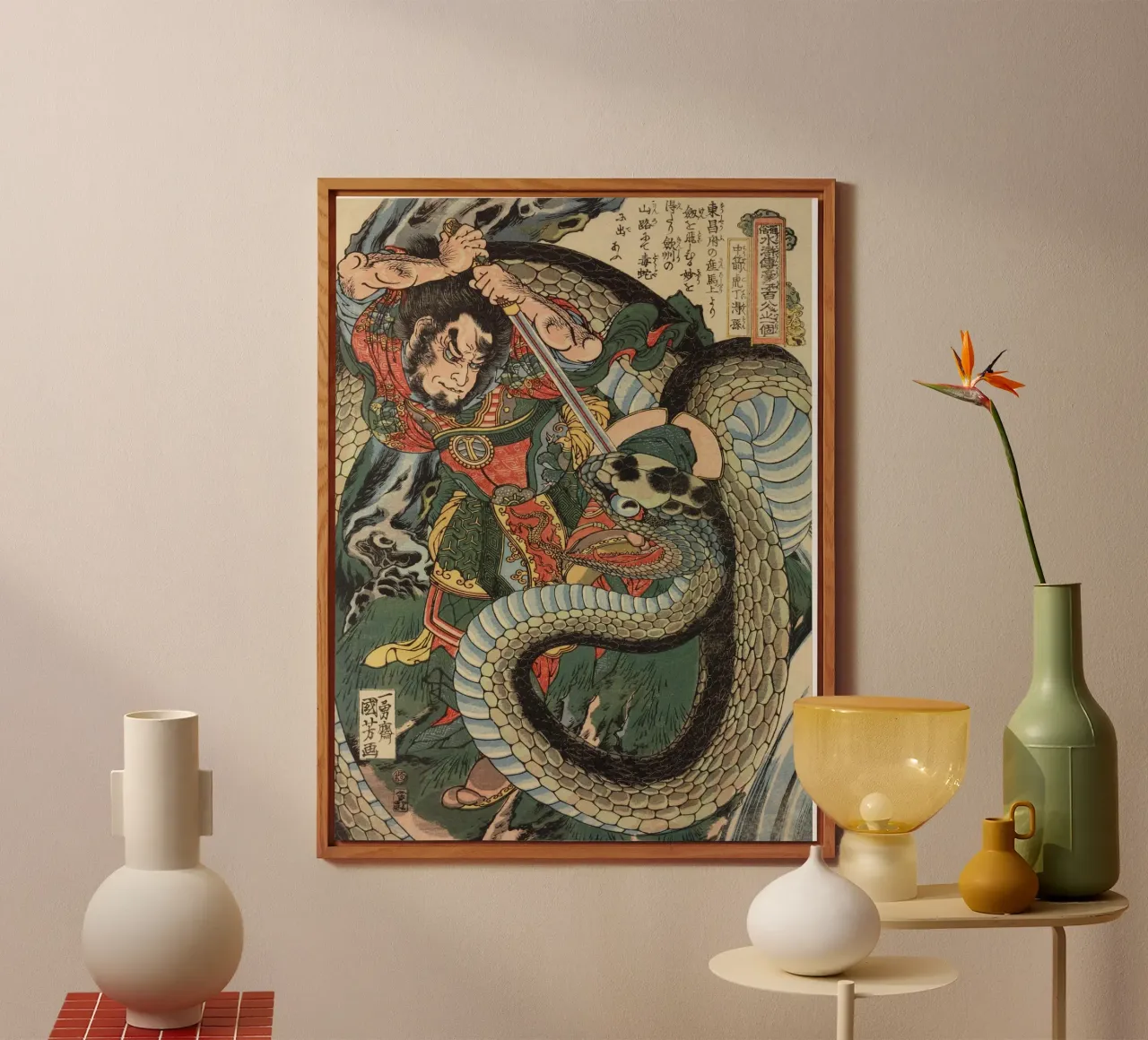 Samouraï combattant un python géant - Ukiyo-e japonais d'époque alu dibond de Masterpieces Of Japanese Art