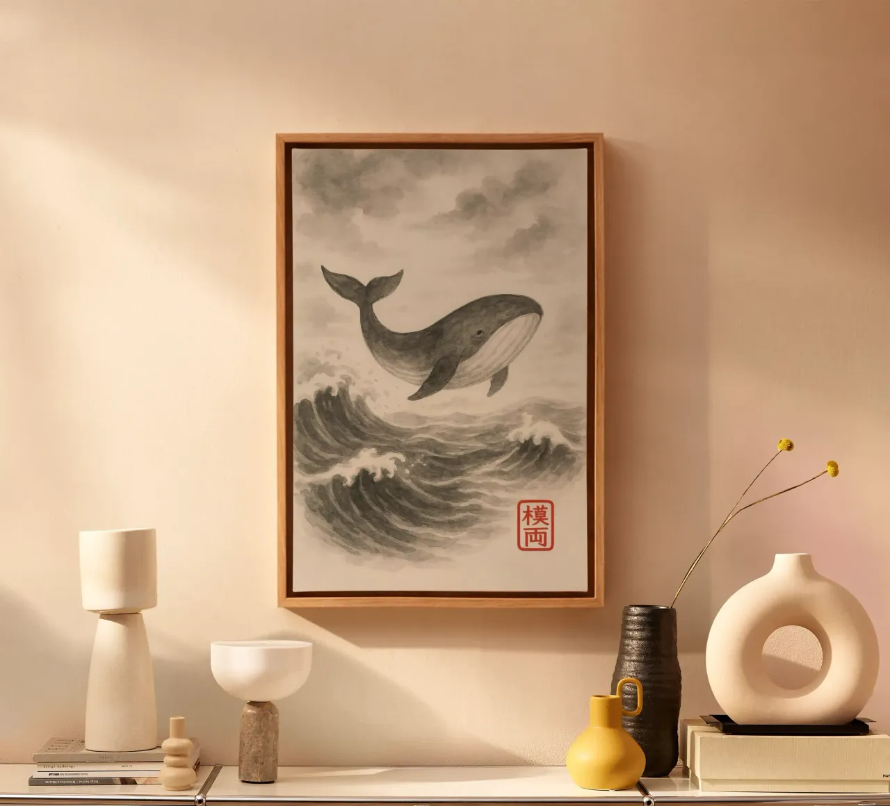 Walvis over de golven in sumi-e stijl canvas met Baklijst van Moqro Home Decoration