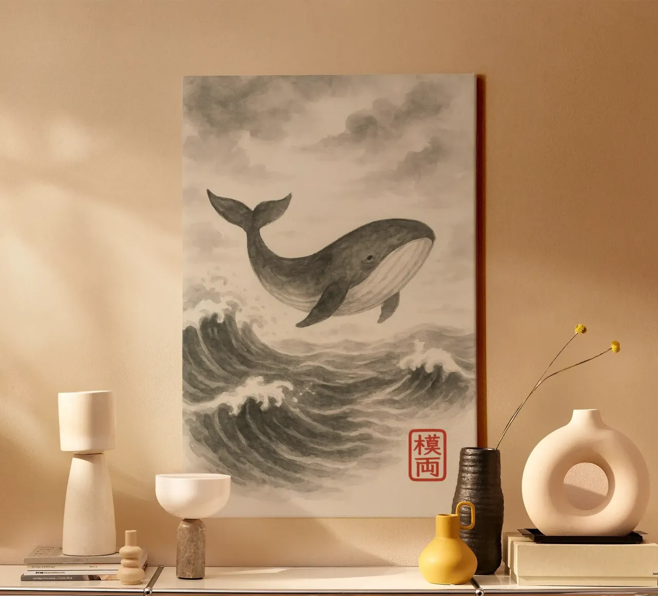 Walvis over de golven in sumi-e stijl canvas met Baklijst van Moqro Home Decoration