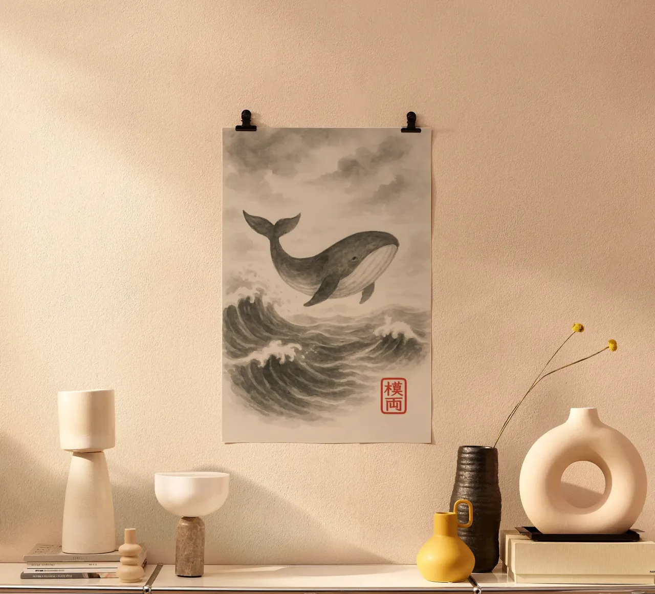 Balena sulle onde in stile sumi-e poster con telaio in plastica da Moqro Home Decoration