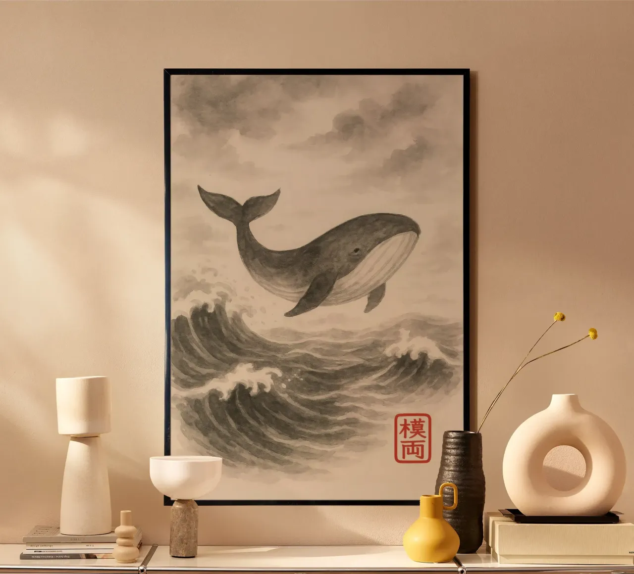 Balena sulle onde in stile sumi-e poster con telaio in plastica da Moqro Home Decoration