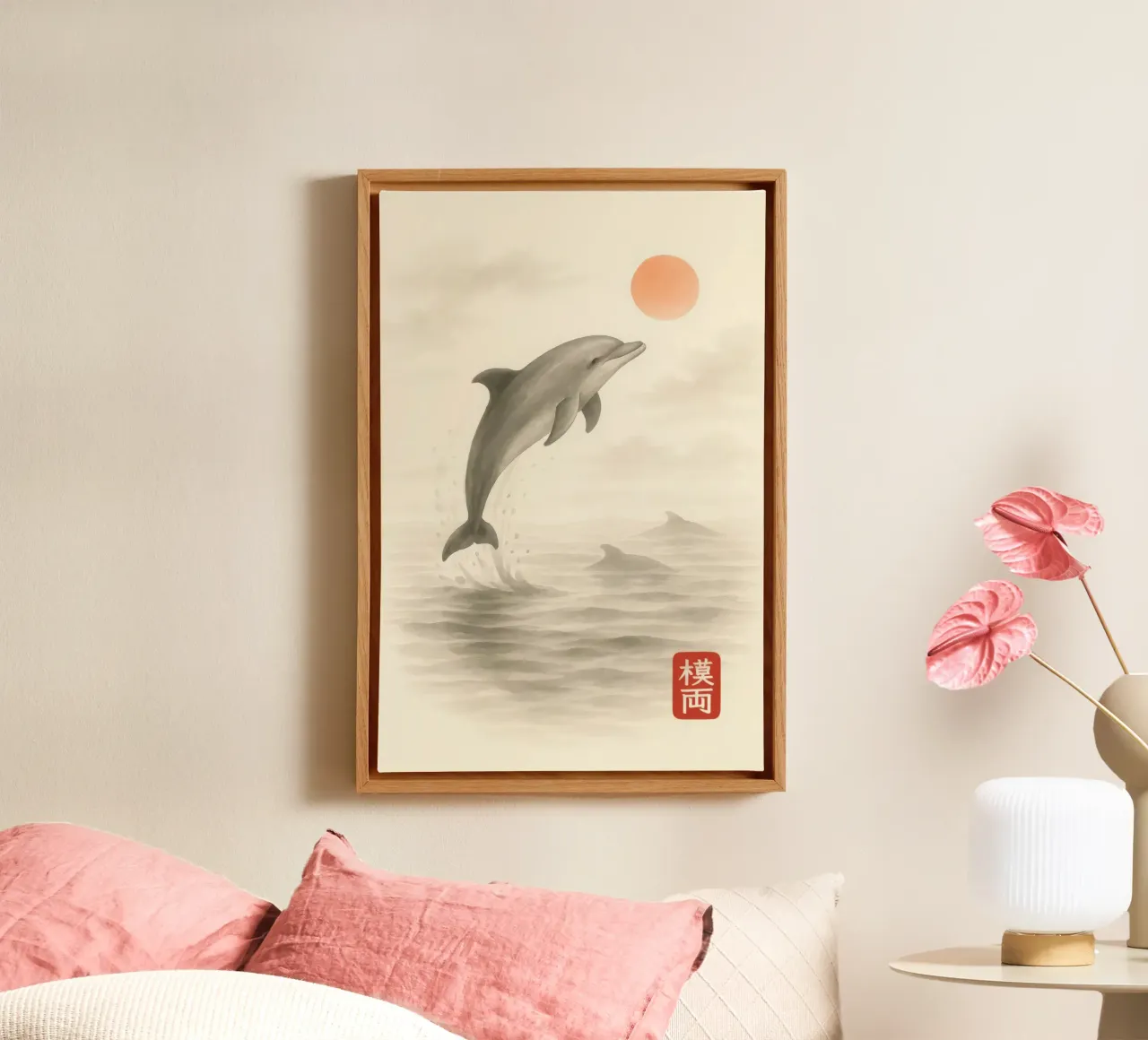 Dolphin in the sea at sunrise in sumi-e style canvas by Moqro Home Decoration