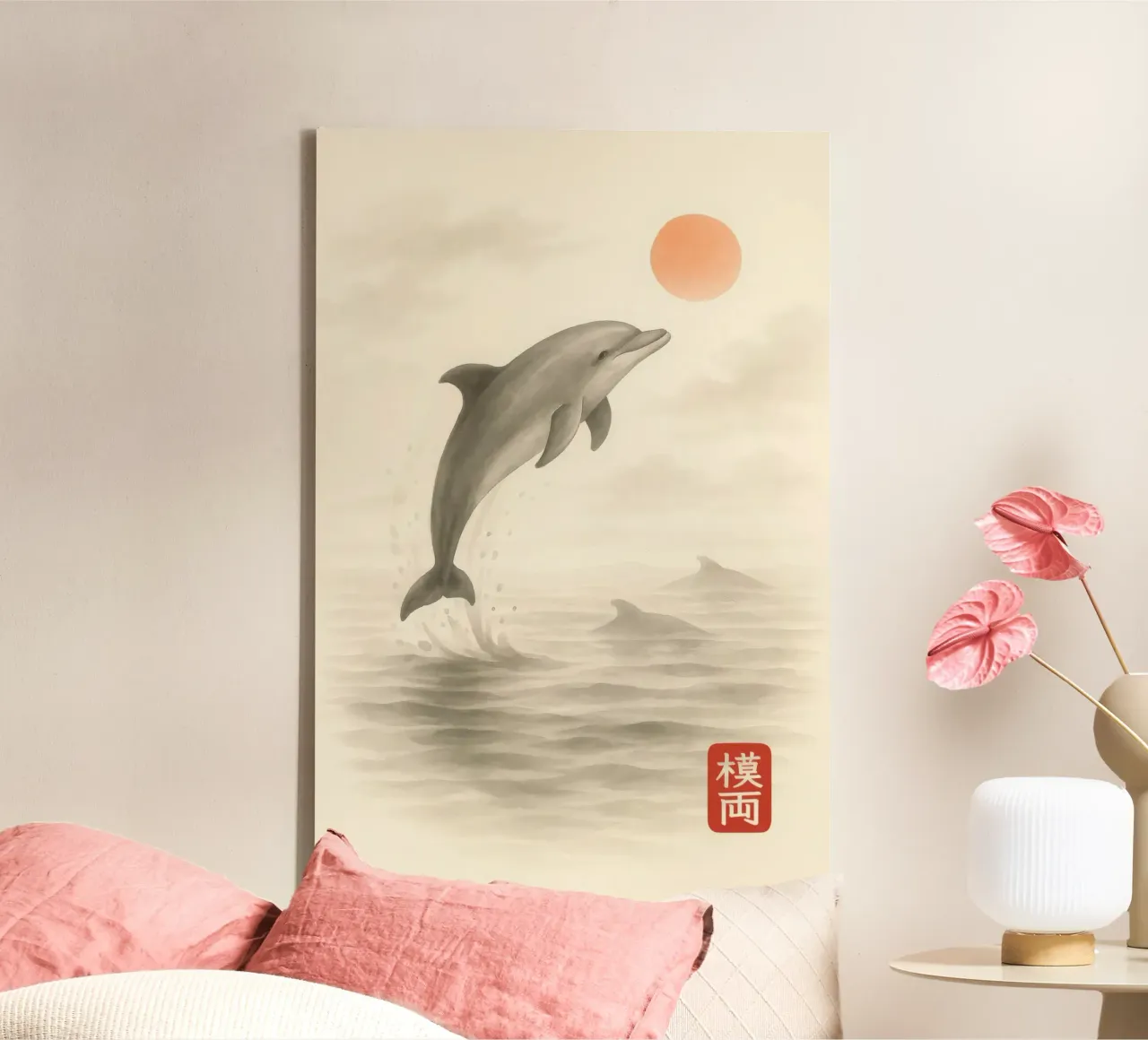 Dolphin in the sea at sunrise in sumi-e style canvas by Moqro Home Decoration