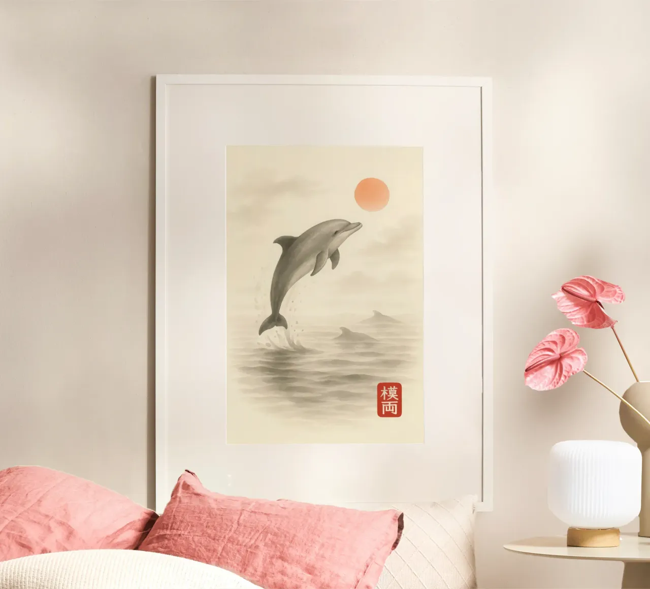 Delfino in mare all'alba in stile Sumi-e carta hahnemühle da Moqro Home Decoration