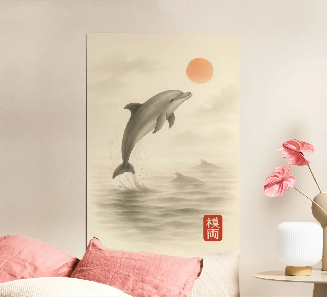 Delfino in mare all'alba in stile Sumi-e carta hahnemühle da Moqro Home Decoration