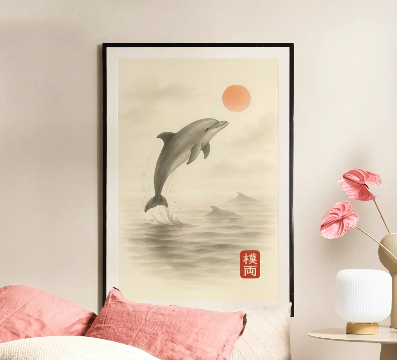 Delfino in mare all'alba in stile Sumi-e carta hahnemühle da Moqro Home Decoration