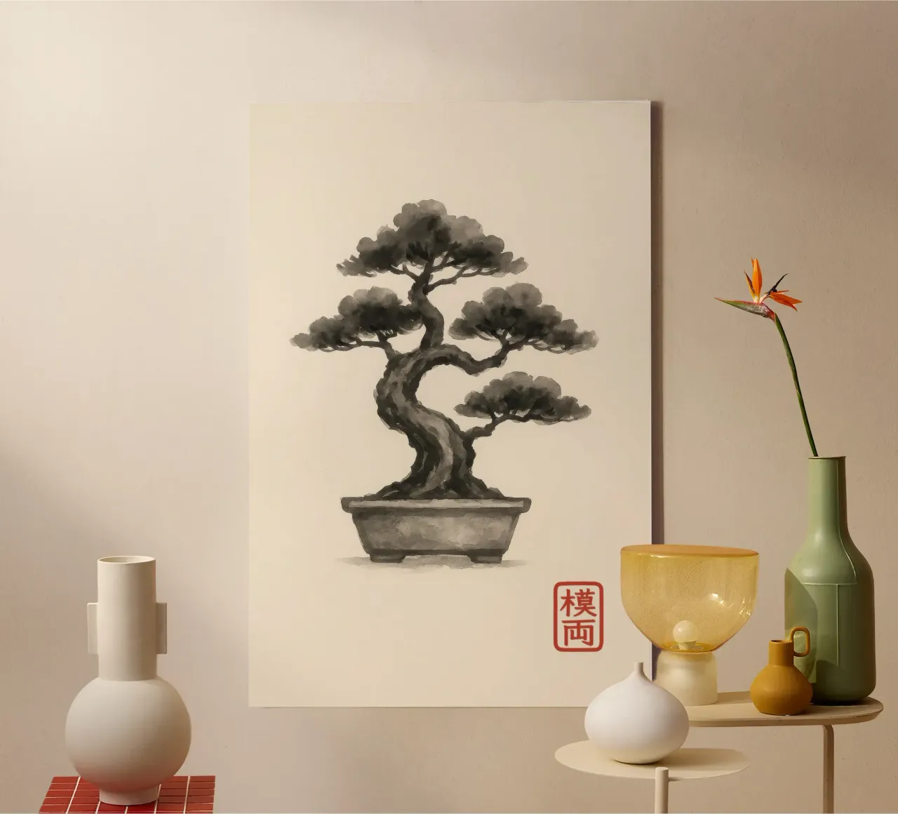 Bonsai in una ciotola giapponese in stile Sumi-e tela da Moqro Home Decoration