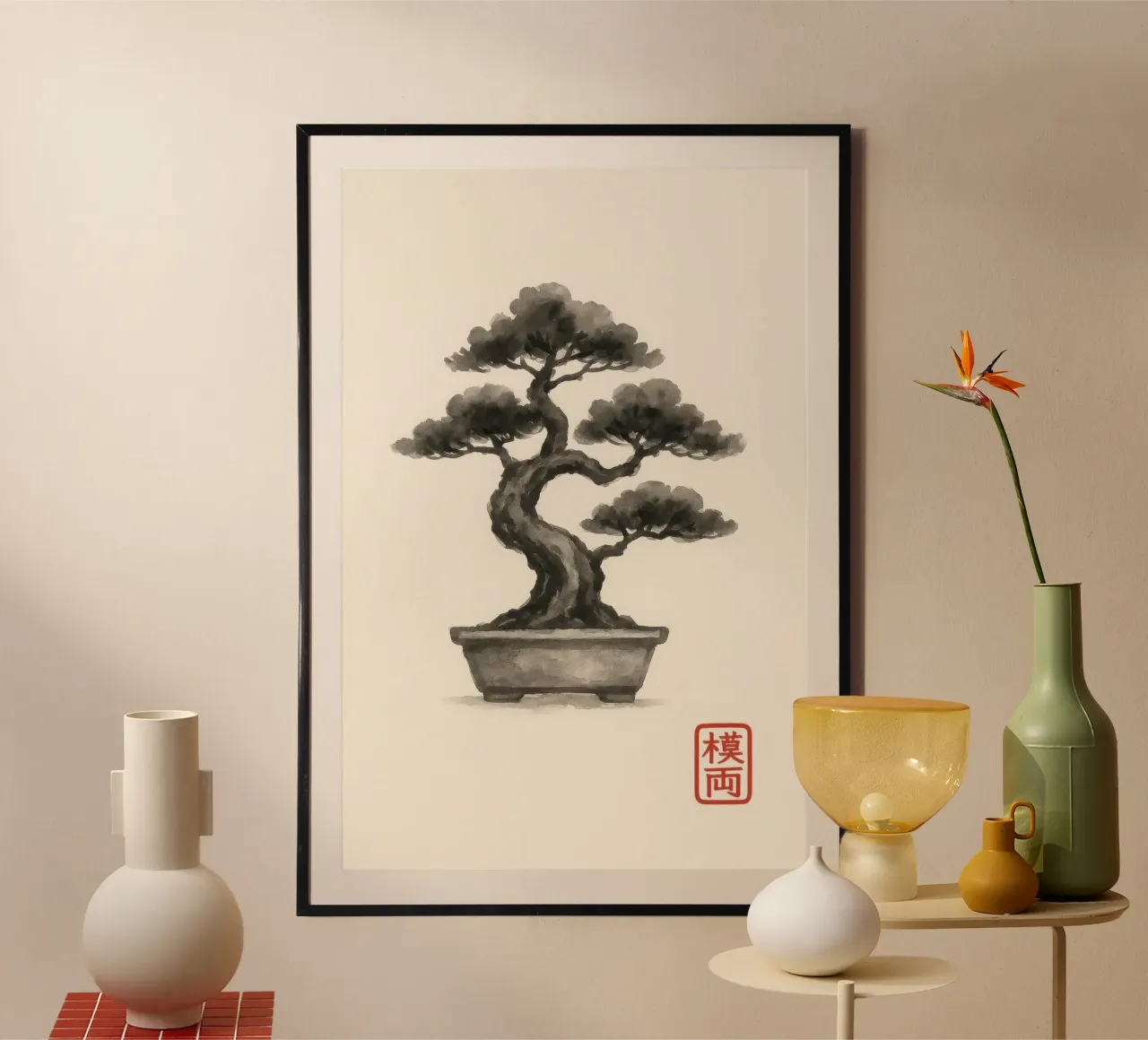 Bonsai in una ciotola giapponese in stile Sumi-e poster con telaio in plastica da Moqro Home Decoration
