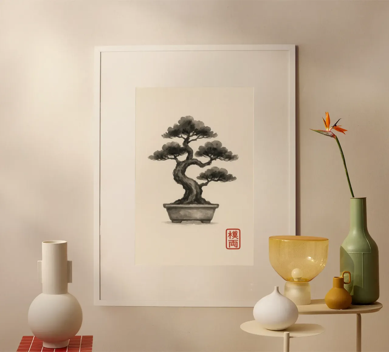 Bonsai in una ciotola giapponese in stile Sumi-e poster con telaio in plastica da Moqro Home Decoration