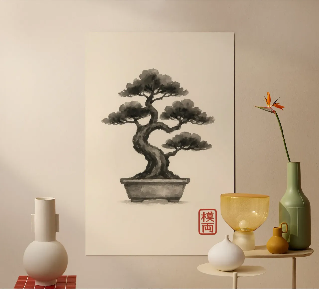 Bonsai in una ciotola giapponese in stile Sumi-e poster da Moqro Home Decoration