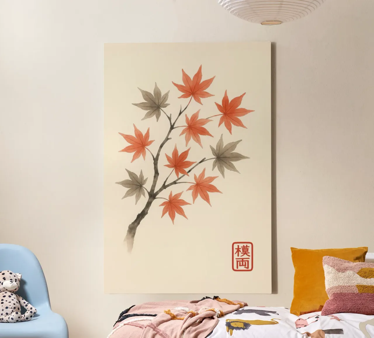 Japanese maple branch with autumn leaves in sumi-e style canvas with Floater frame by Moqro Home Decoration