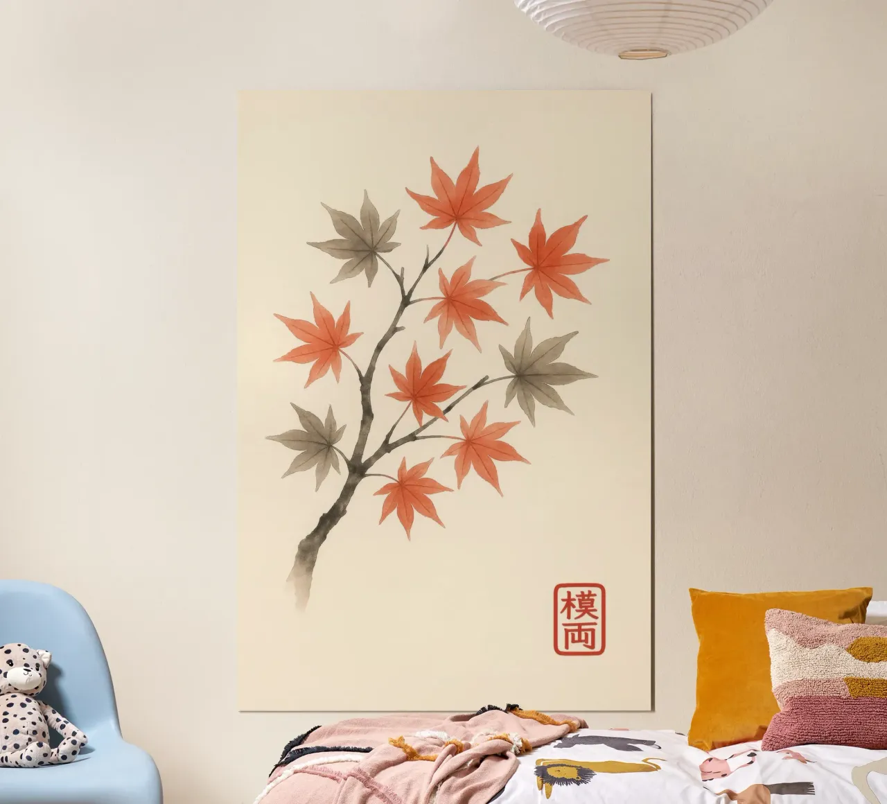 Japanse esdoorntak met herfstbladeren in sumi-e stijl poster met aluminium frame van Moqro Home Decoration