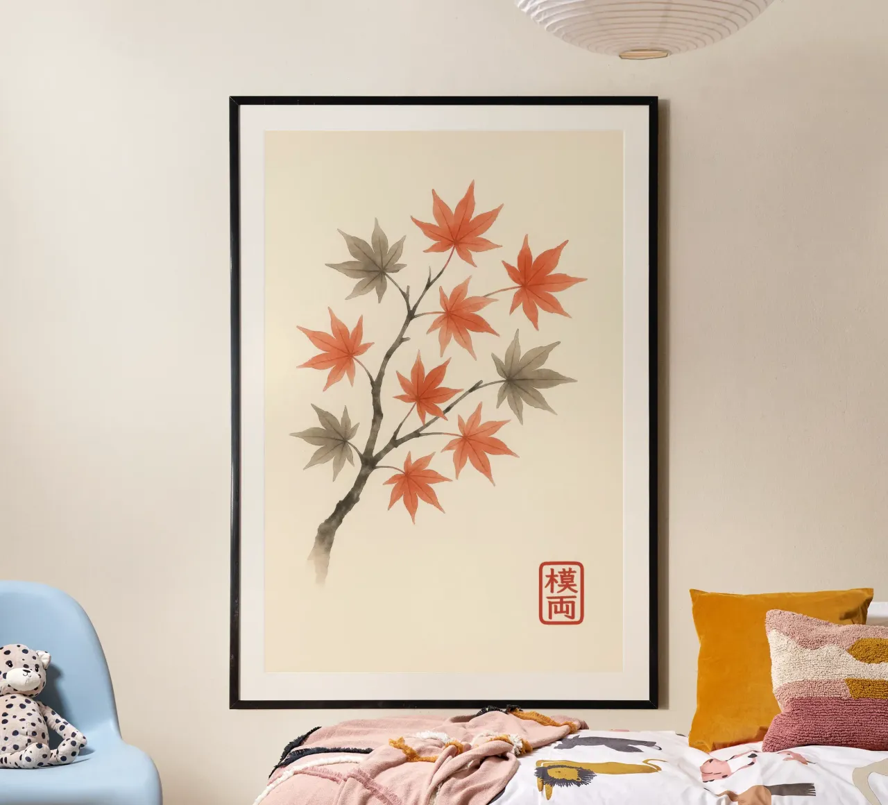 Japanse esdoorntak met herfstbladeren in sumi-e stijl poster met aluminium frame van Moqro Home Decoration