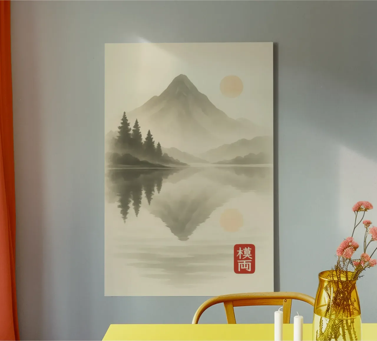 Berglandschap met meer en zon in Japanse Sumi-e stijl canvas met Baklijst van Moqro Home Decoration