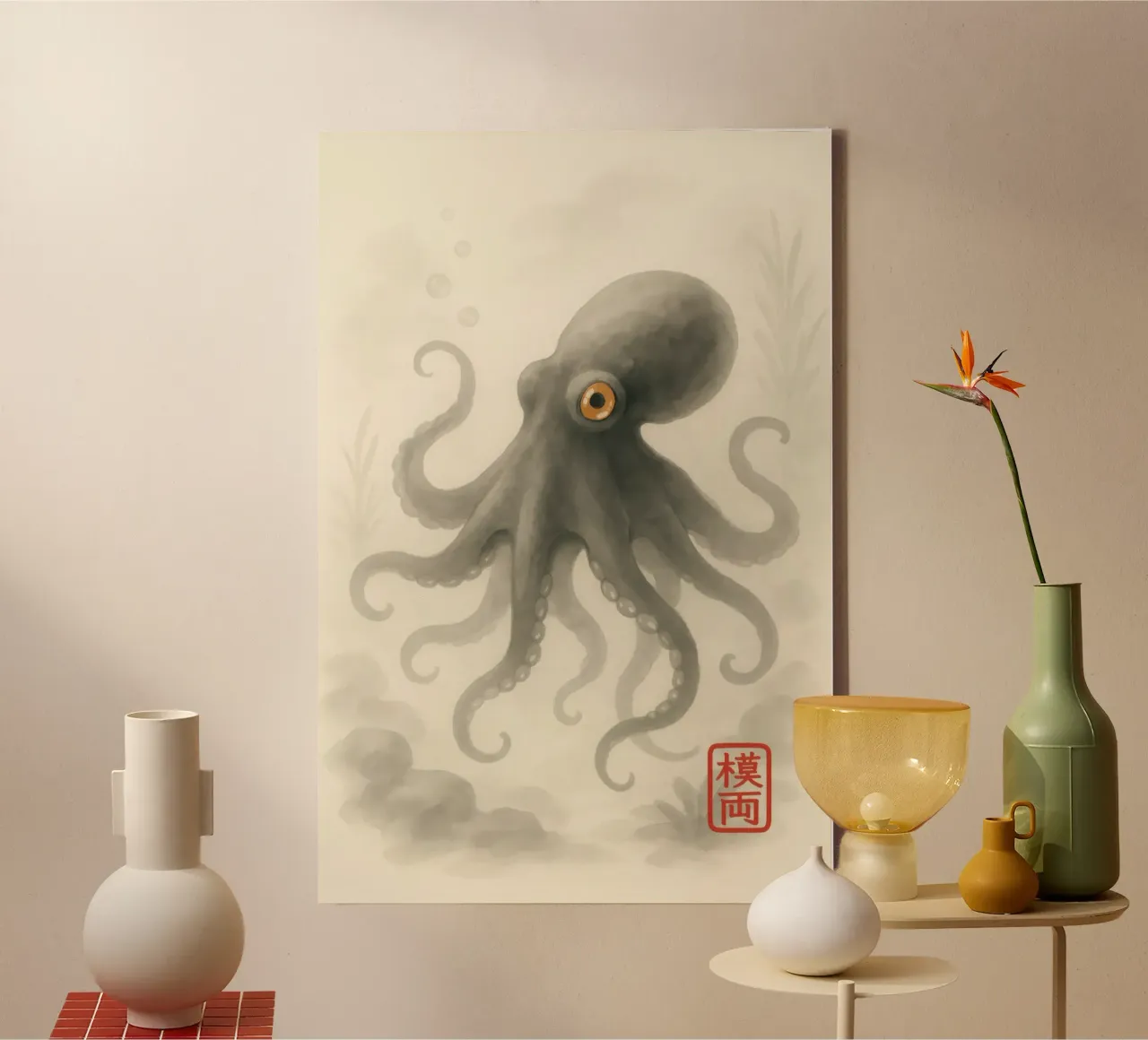 Pulpo bajo el agua en estilo Sumi-e japonés lienzo con Marco flotante de Moqro Home Decoration
