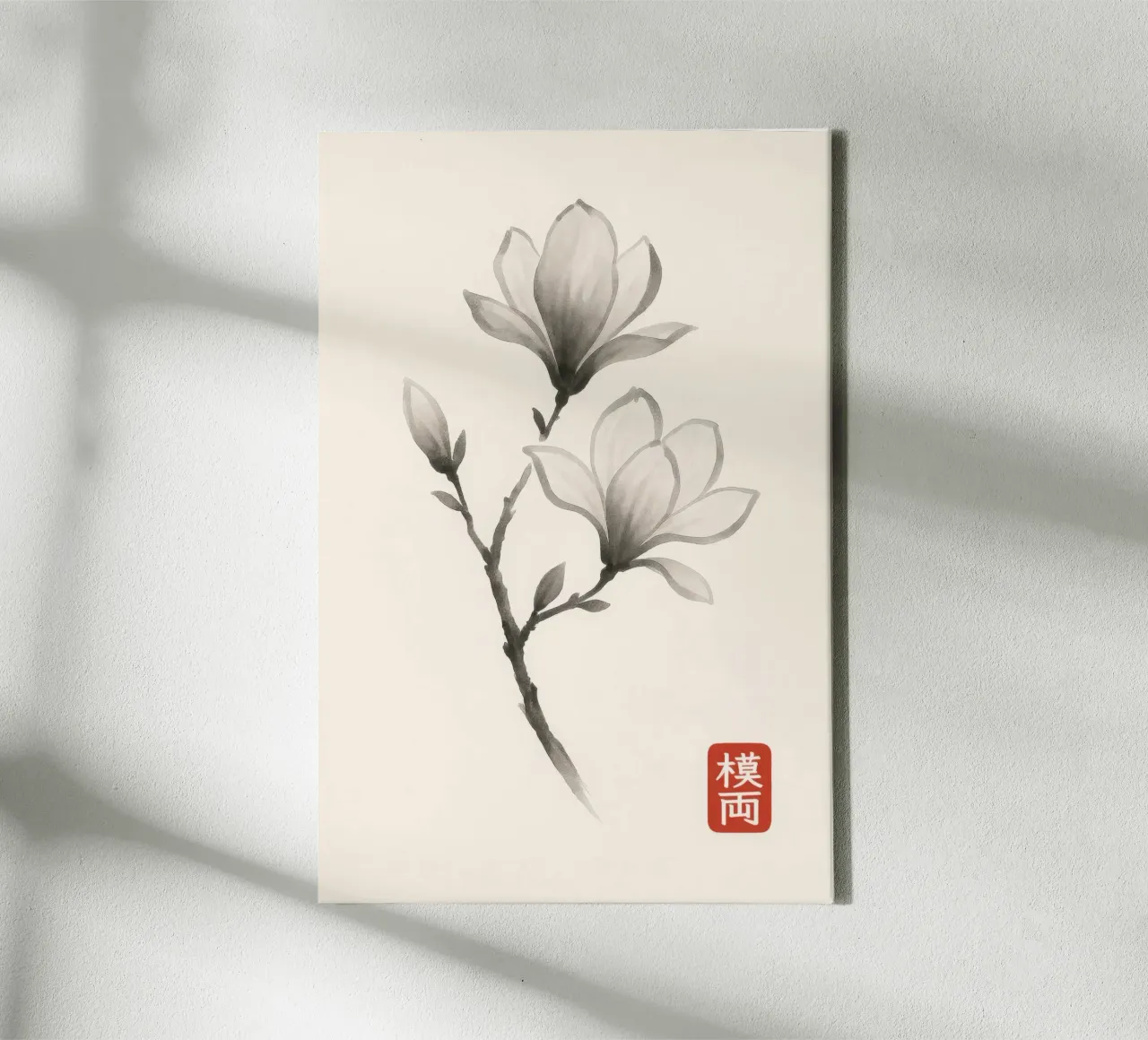 Magnolia branch in Japanese sumi-e style canvas with Floater frame by Moqro Home Decoration