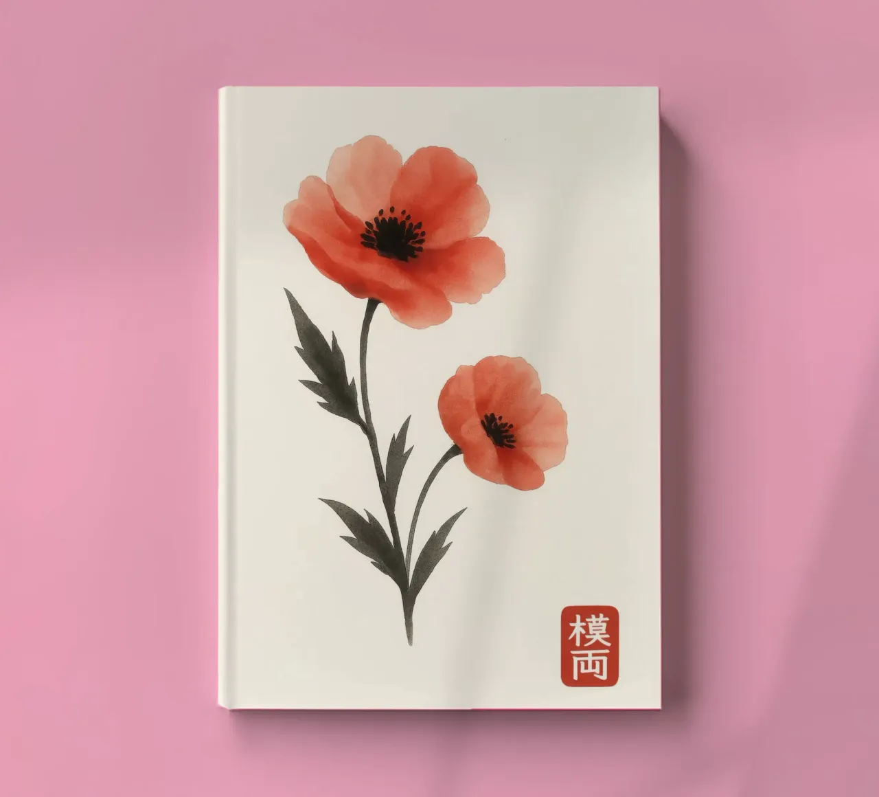 Red poppies in Japanese ink painting style notebook by Moqro Home Decoration