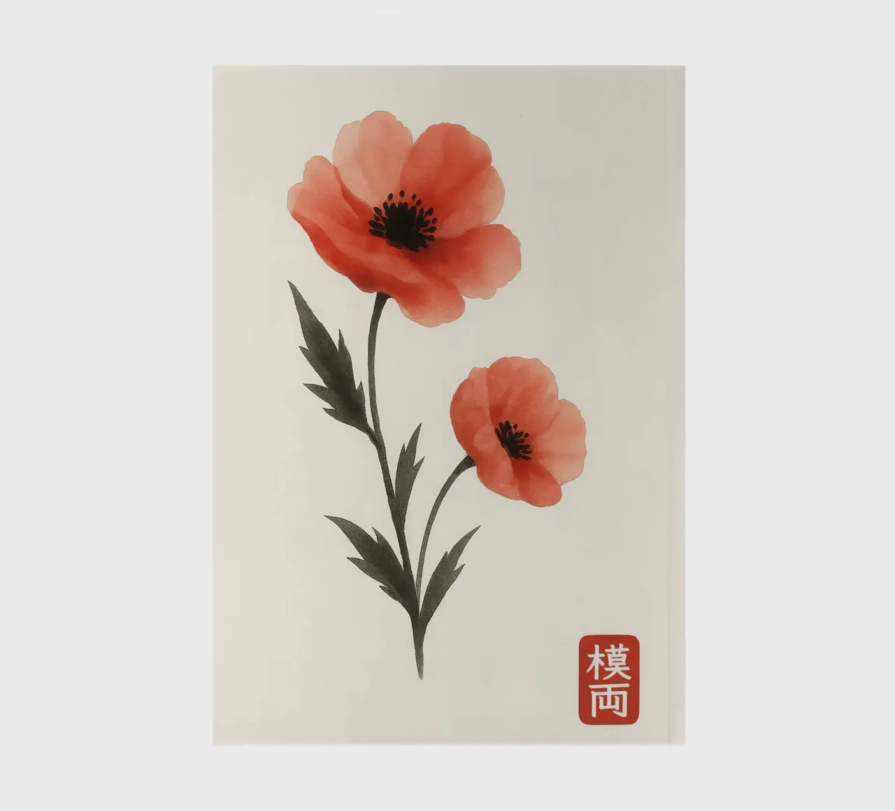 Red poppies in Japanese ink painting style notebook by Moqro Home Decoration