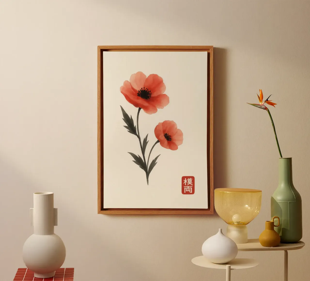 Red poppies in Japanese ink painting style canvas with Floater frame by Moqro Home Decoration