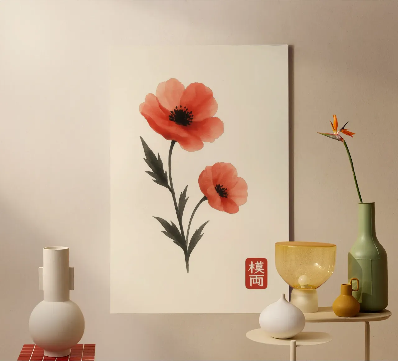 Red poppies in Japanese ink painting style canvas with Floater frame by Moqro Home Decoration