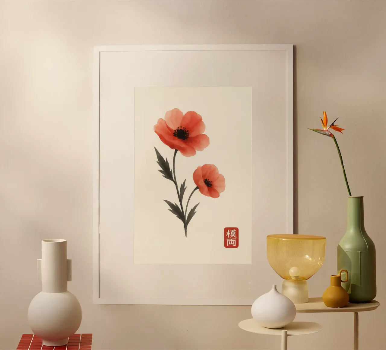 Rode klaprozen in Japanse inktschilderstijl poster van Moqro Home Decoration