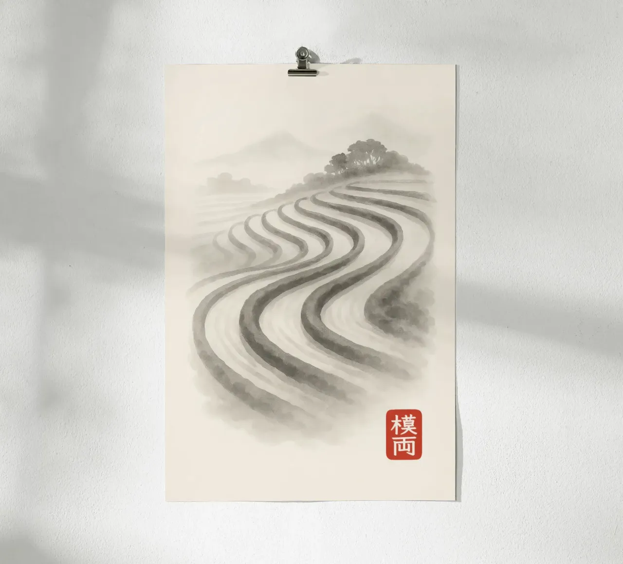 Rice terraces in Japanese ink painting style poster with aluminum frame by Moqro Home Decoration