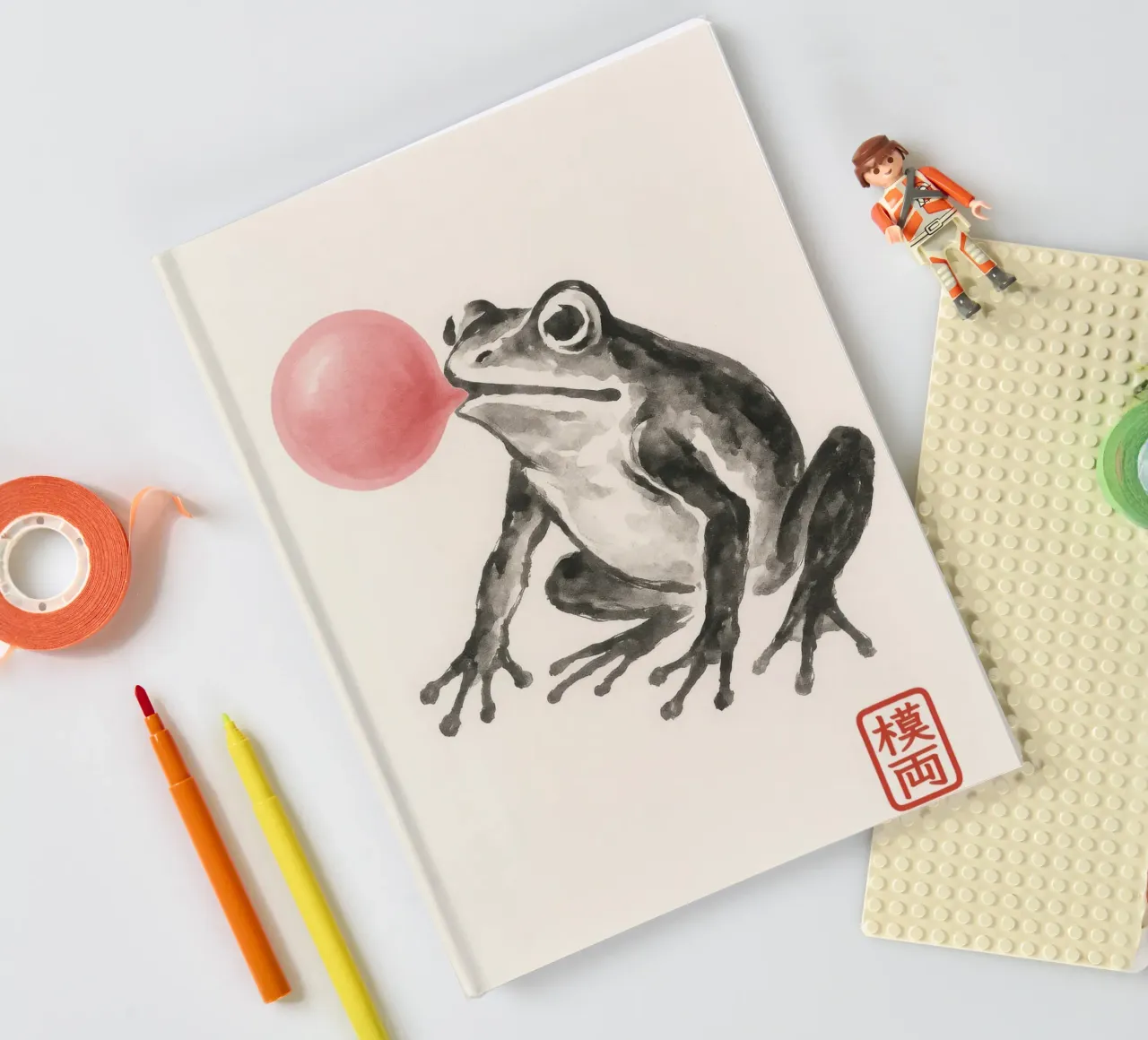 Frog with chewing gum balloon in Japanese ink painting style notebook by Moqro Home Decoration