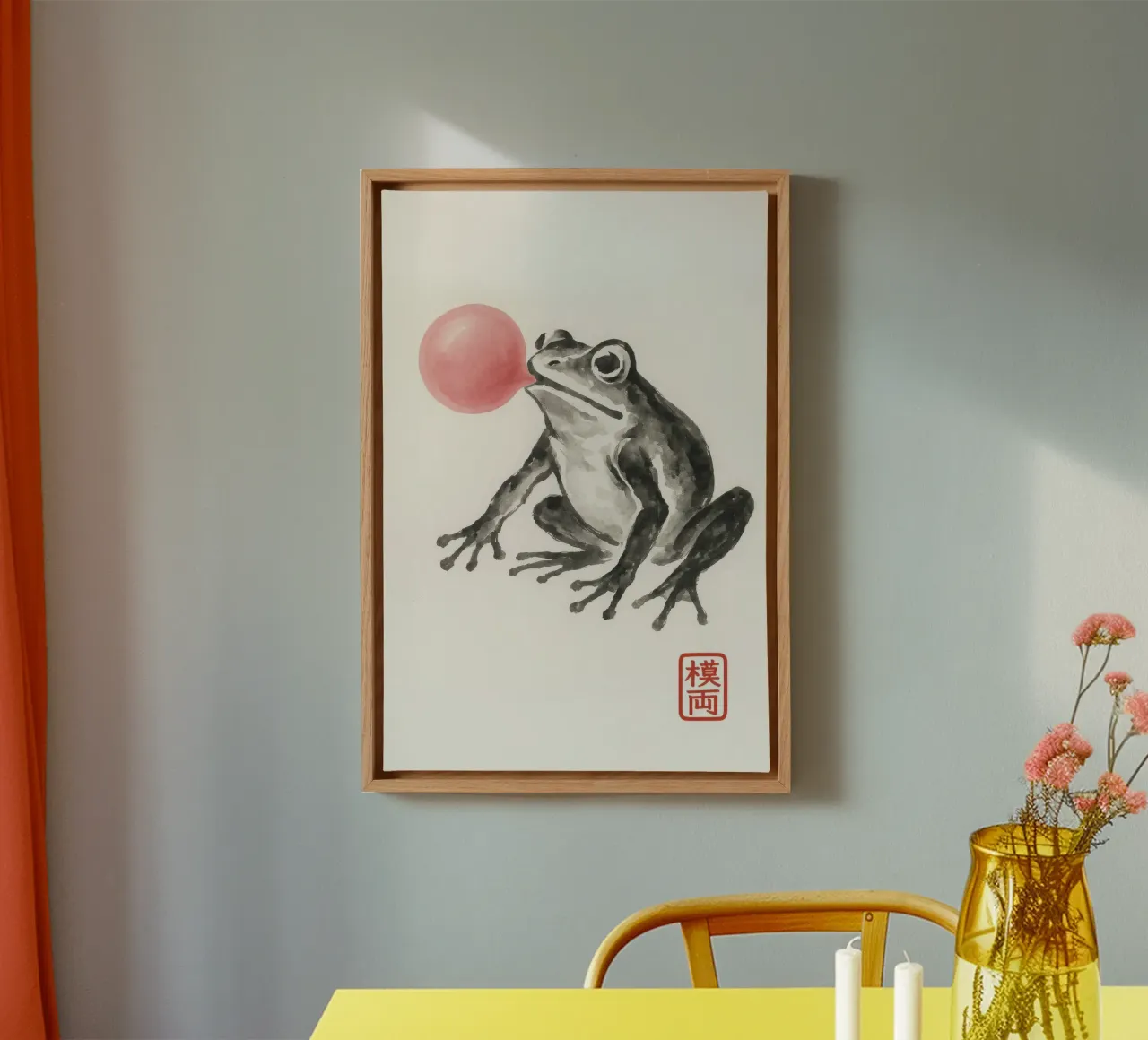 Rana con palloncino di gomma da masticare in stile pittura a inchiostro giapponese tela con Cornice a cassetta da Moqro Home Decoration