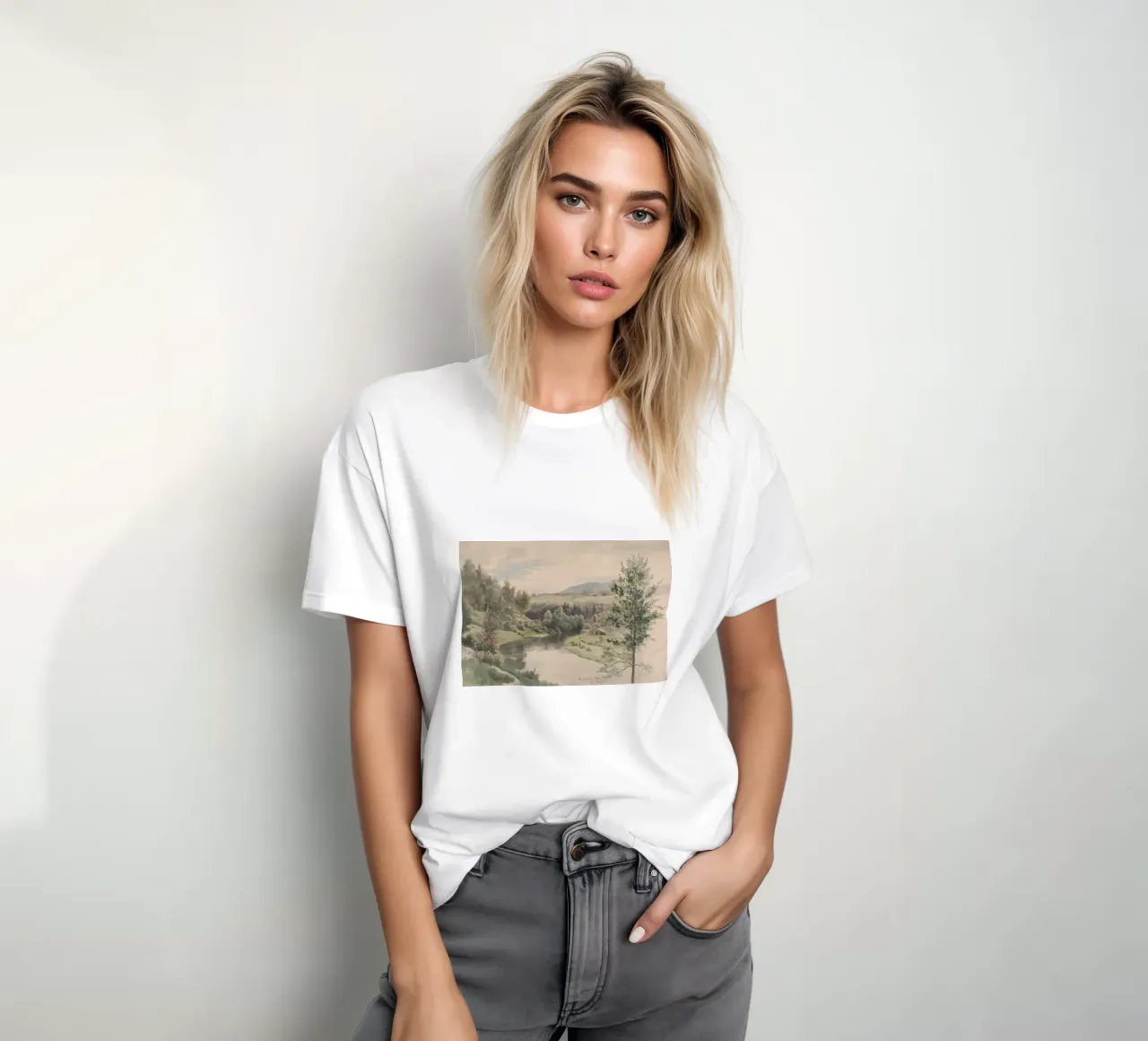 Paesaggio sereno della valle del fiume - Acquerello d'epoca t-shirt da ClubArt