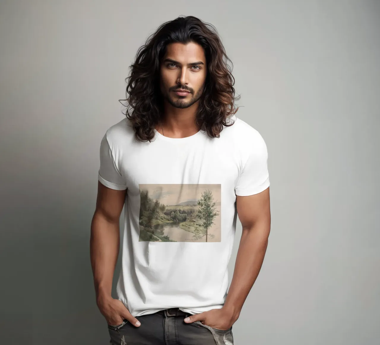 Paesaggio sereno della valle del fiume - Acquerello d'epoca t-shirt da ClubArt