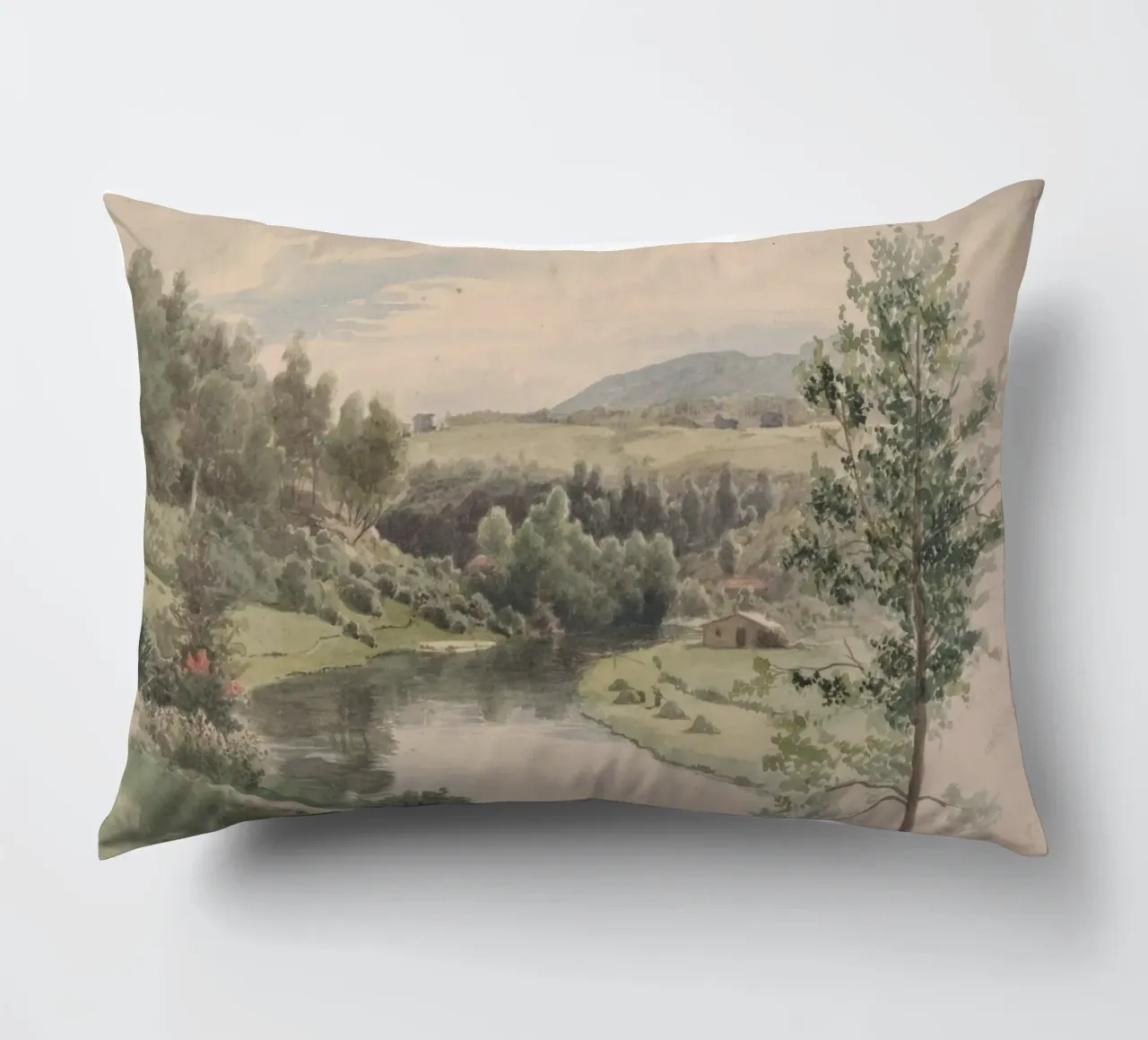 Paesaggio sereno della valle del fiume - Acquerello d'epoca cuscino da ClubArt