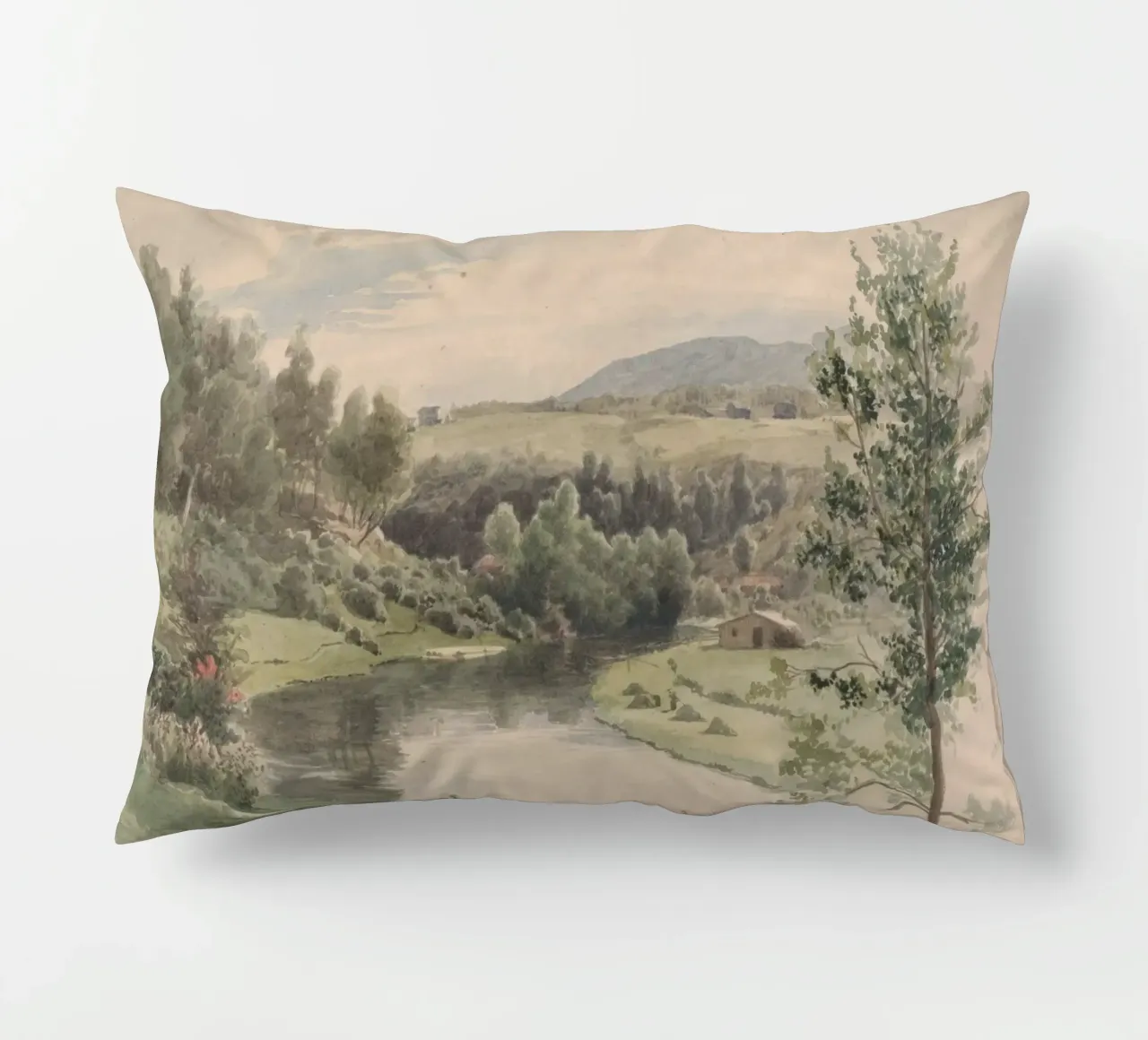Paesaggio sereno della valle del fiume - Acquerello d'epoca cuscino da ClubArt