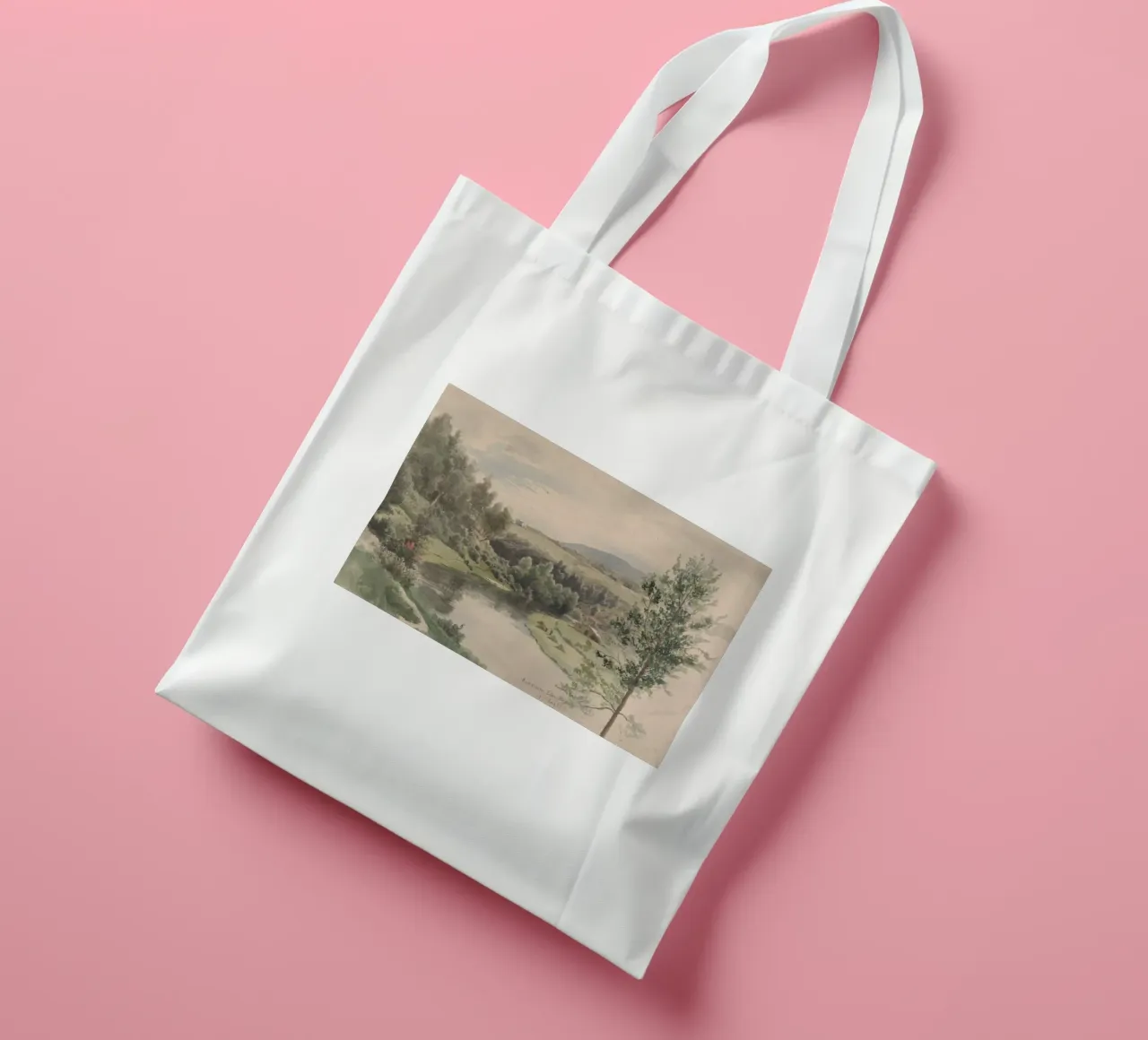 Paesaggio sereno della valle del fiume - Acquerello d'epoca borsa in juta da ClubArt