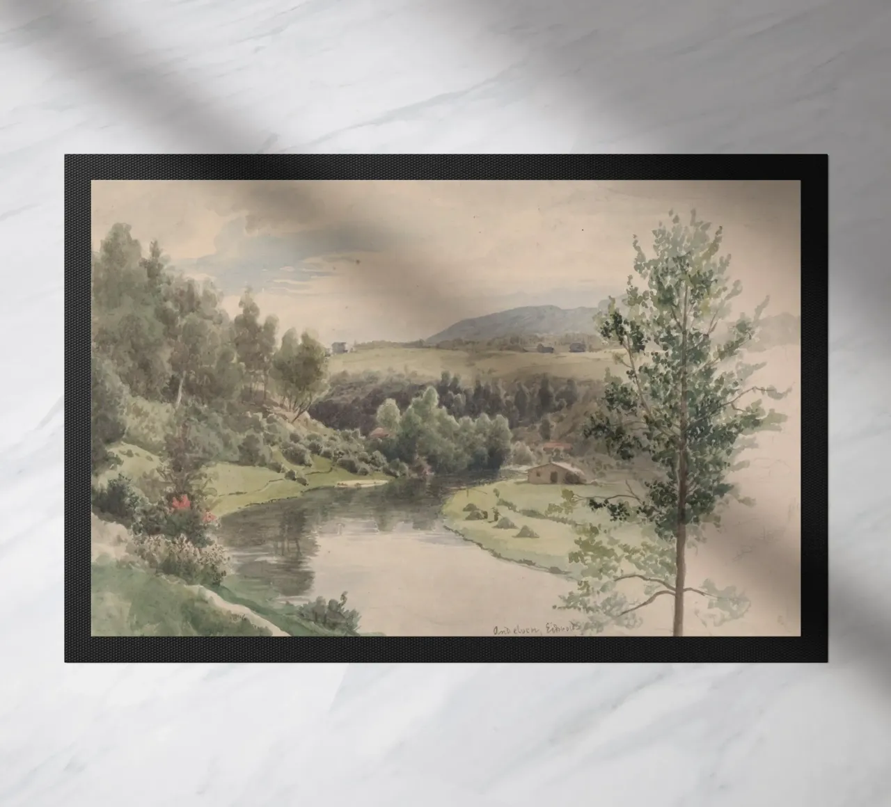 Paesaggio sereno della valle del fiume - Acquerello d'epoca zerbino da ClubArt