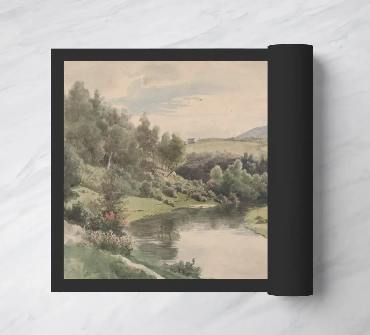 Paesaggio sereno della valle del fiume - Acquerello d'epoca zerbino da ClubArt