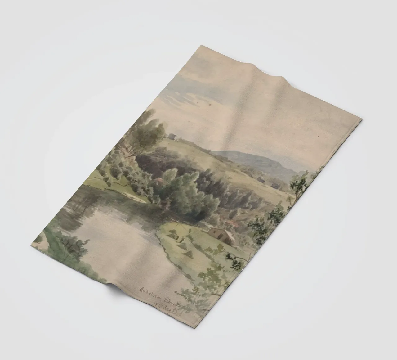 Paesaggio sereno della valle del fiume - Acquerello d'epoca coperta in pile da ClubArt