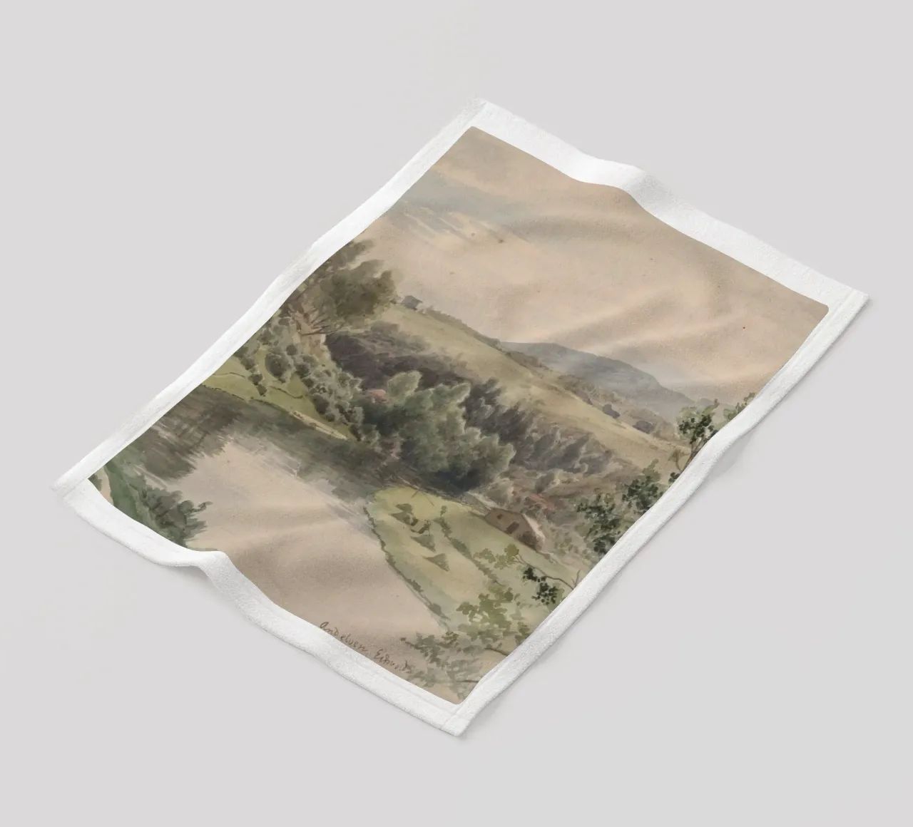 Paesaggio sereno della valle del fiume - Acquerello d'epoca coperta in pile da ClubArt